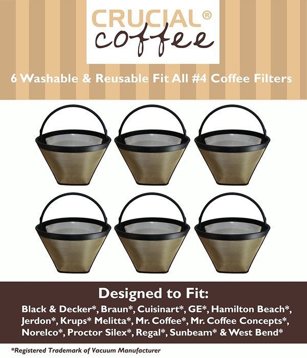 1 X 6 Washable & Reusable Coffee Filters # 4 Cone Fit Black & Decker, Braun, Cuisinart, GE, Hamilton Beach, Jerdon...