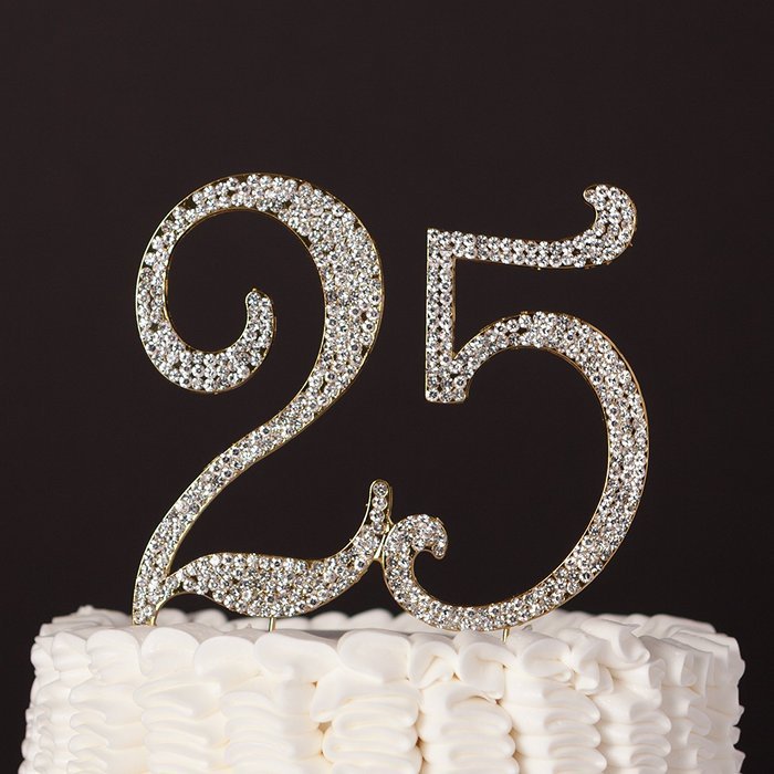 25 Cake Topper for 25th Birthday or Anniversary, Crystal Rhinestone Party Decoration Supplies (Silver) N6