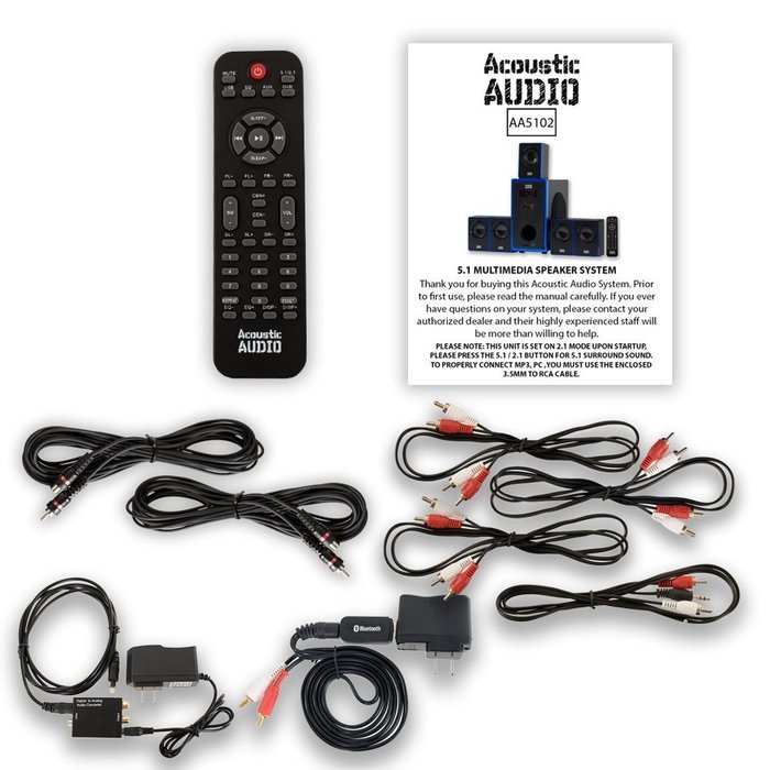 Acoustic Audio AA5102 800W 5.1 Speaker System with Bluetooth, Optical Input and 2 Extension Cables AA5102BD-2