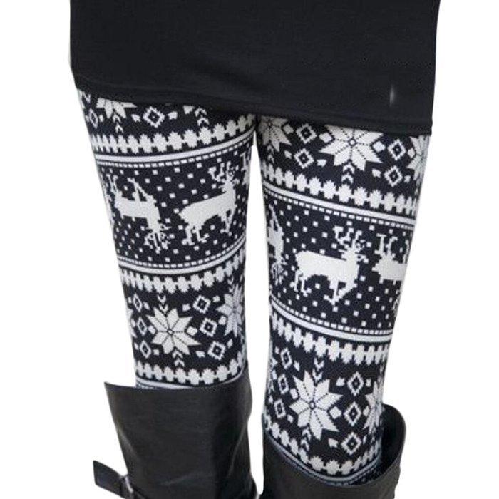 PHOTNO Women Skinny Stretchy Snowflake Deer Printed Leggings Pencil Tight Pants N4