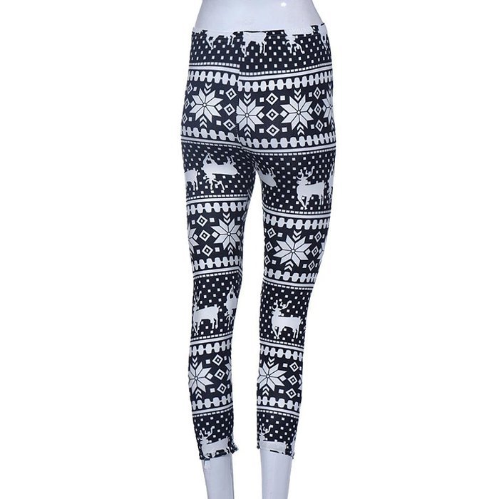 PHOTNO Women Skinny Stretchy Snowflake Deer Printed Leggings Pencil Tight Pants N5