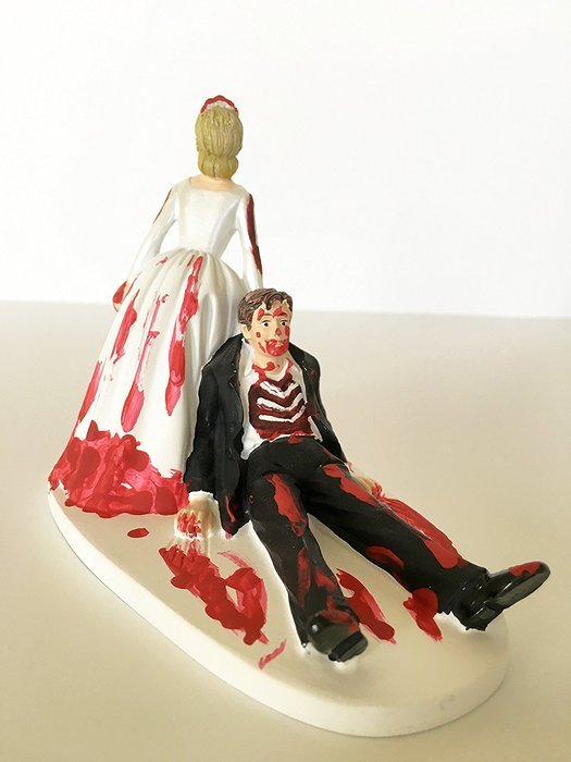 Love Never Dies Funny Zombie Wedding Cake Topper - Zombie Bride Dragging Groom Away N6