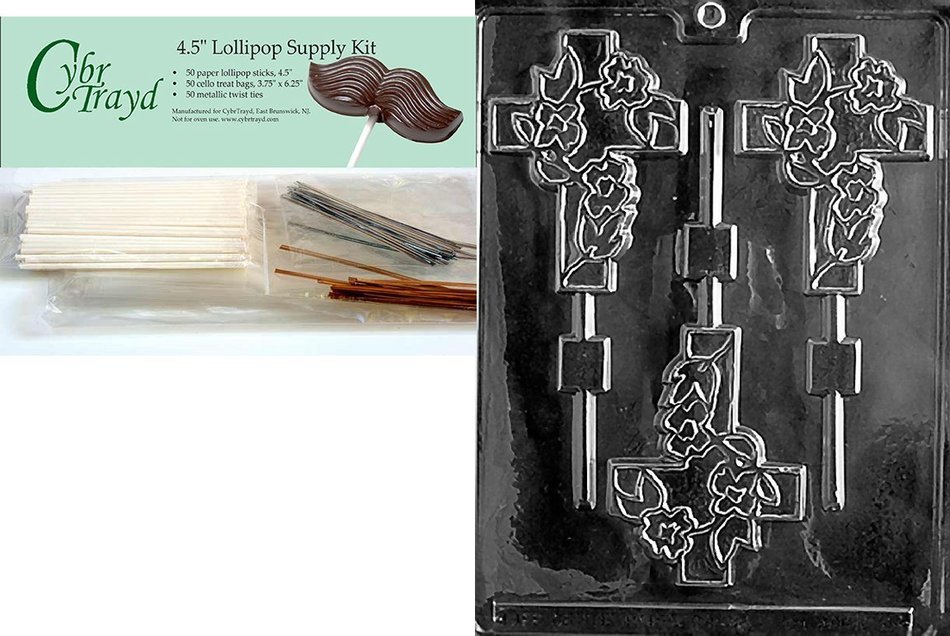 Cybrtrayd Fancy Cross Lolly Chocolate Candy Mold with 25 4.5-Inch Lollipop Sticks and Exclusive Cybrtrayd Copyrighted... N4