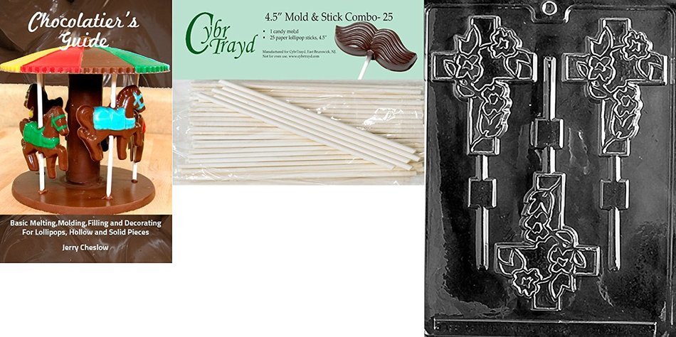 Cybrtrayd Fancy Cross Lolly Chocolate Candy Mold with 25 4.5-Inch Lollipop Sticks and Exclusive Cybrtrayd Copyrighted... N5