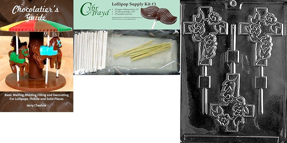 Cybrtrayd Fancy Cross Lolly Chocolate Candy Mold with 25 4.5-Inch Lollipop Sticks and Exclusive Cybrtrayd Copyrighted... N6