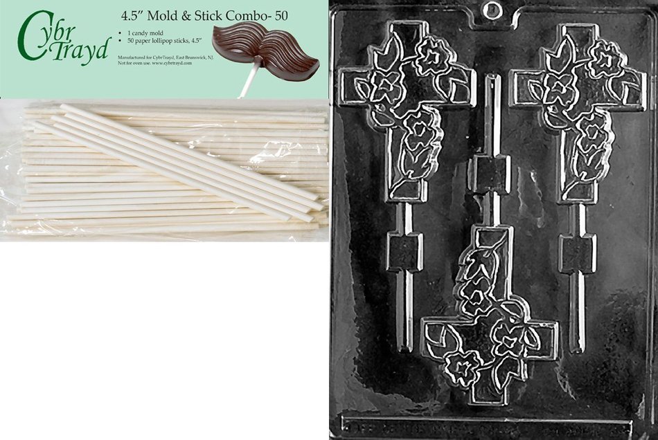 Cybrtrayd Fancy Cross Lolly Chocolate Candy Mold with 25 4.5-Inch Lollipop Sticks and Exclusive Cybrtrayd Copyrighted... N8