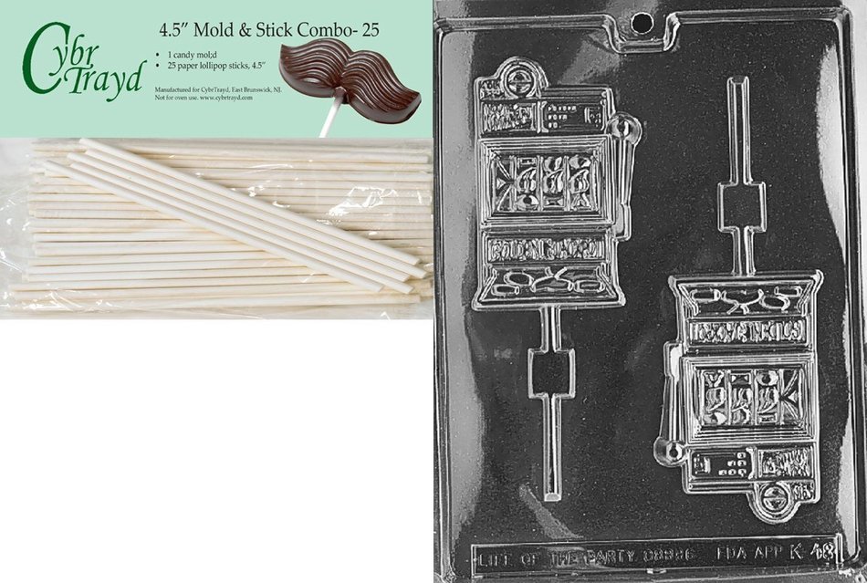 Cybrtrayd 45St25-K048 Slot Machine Lolly Kids Chocolate Candy Mold with 25 Cybrtrayd 4.5-Inch Lollipop Sticks