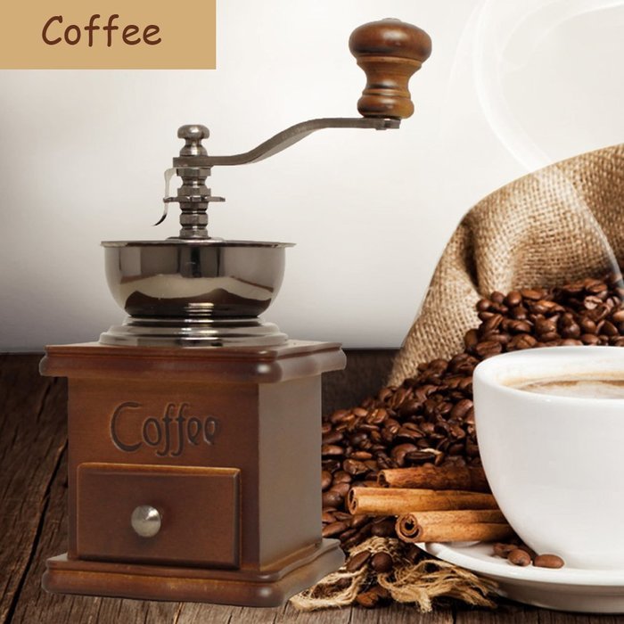 Vintage Mini Manual Coffeemaker Mill Wood Stand Metal Bowl Antique Hand Coffee Bean Grinder, Small,with Coffee... N7