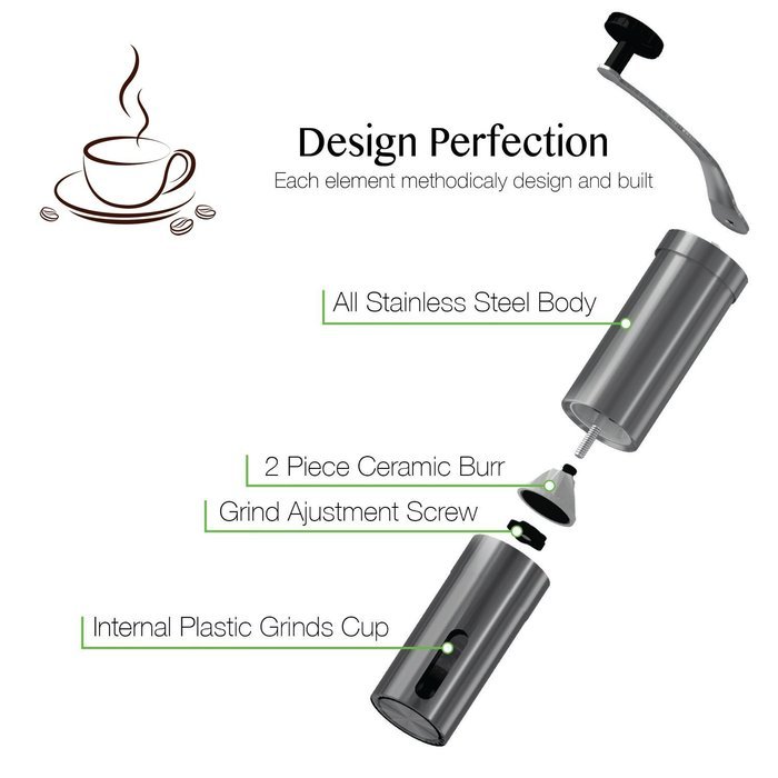 Bedrocker&reg; High Quality Manual Coffee Grinder , Portable Hand Coffee Mill - Adjustable, Portable, Stainless Steel. N4