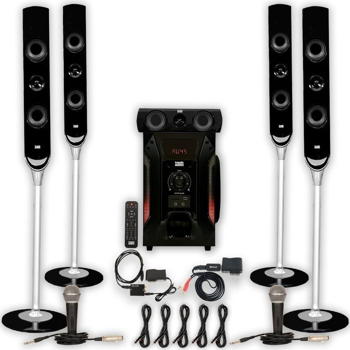 Acoustic Audio AAT1000 Tower 5.1 Speakers with Bluetooth Optical Input 2 Mics and 5 Extension Cables N2