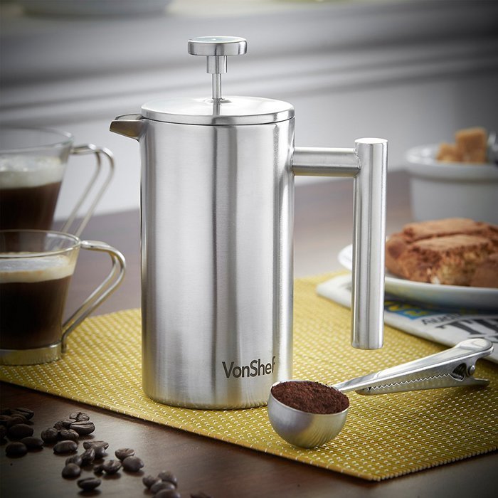 VonShef Double-Wall Keep Warm Satin Brushed Stainless Steel French Press Cafetiere Coffee Filter(3 Cup w/ Measuring... N16