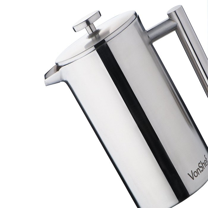 VonShef Double-Wall Keep Warm Satin Brushed Stainless Steel French Press Cafetiere Coffee Filter(3 Cup w/ Measuring... N17