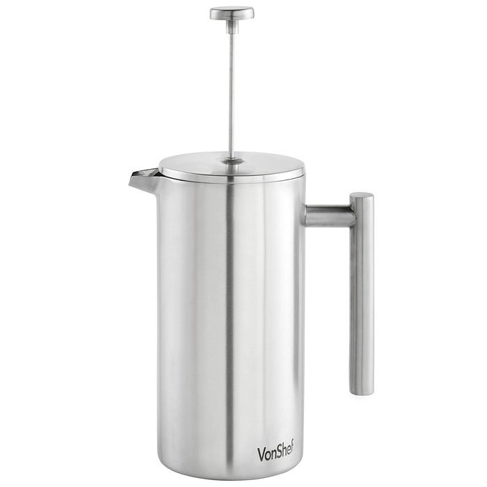 VonShef Double-Wall Keep Warm Satin Brushed Stainless Steel French Press Cafetiere Coffee Filter(3 Cup w/ Measuring... N19