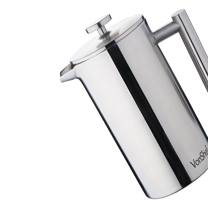 VonShef Double-Wall Keep Warm Satin Brushed Stainless Steel French Press Cafetiere Coffee Filter(3 Cup w/ Measuring... N20