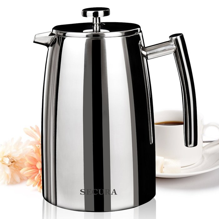 Secura 1000ML French Press Coffee Maker, 34-Ounce, Stainless Steel 18/10 SFP-34DSC, Extra Stainless Steel Screen N6