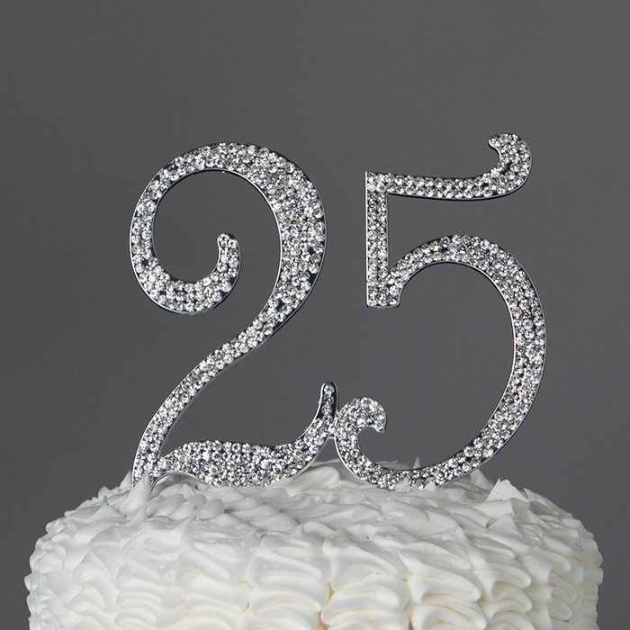 25 Cake Topper for 25th Birthday or Anniversary, Crystal Rhinestone Party Decoration Supplies (Silver) N8