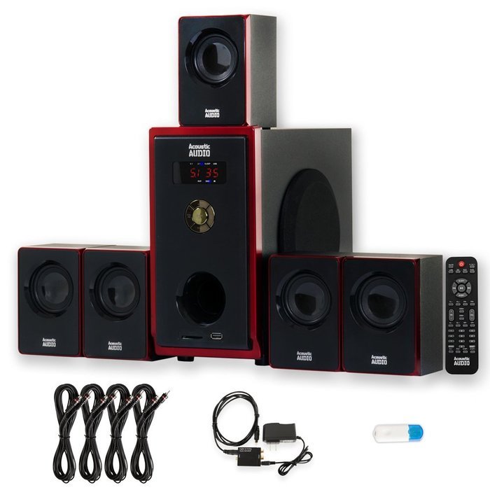 Acoustic Audio AA5103 Home 5.1 Speaker System with USB Bluetooth Optical Input and 4 Ext. Cables
