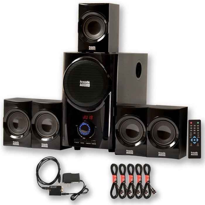 Acoustic Audio AA5160 Home 5.1 Speaker System with Optical Input FM Tuner and 5 Extension Cables