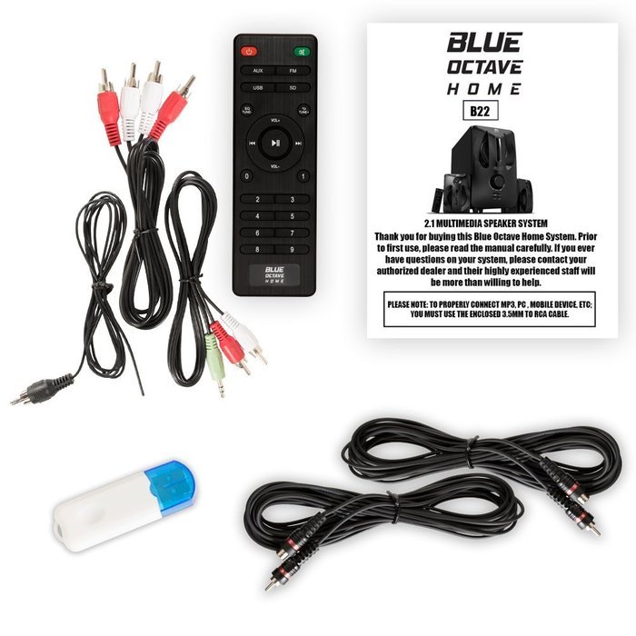 Blue Octave B22 Home 2.1 Powered Speaker System with FM Bluetooth and 2 Extension Cables N2