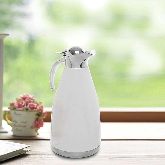 2.0L White Stainless Steel Double Wall Vacuum Insulated Thermal Carafe / Hot Coffee & Tea Serving Pitcher N5