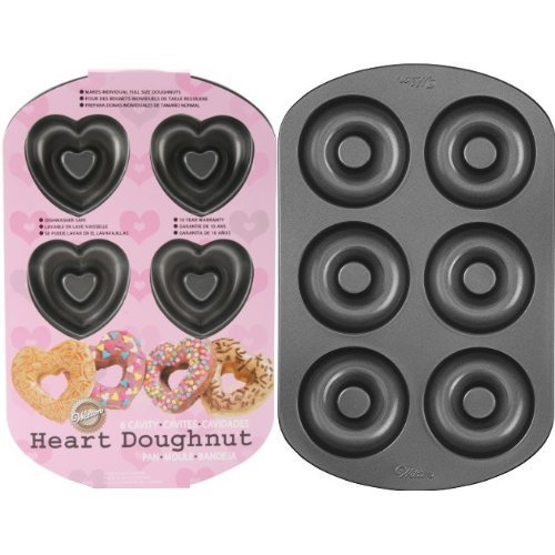 Wilton Nonstick 6-Cavity Heart Donut Pan and Nonstick 6-Cavity Donut Pan-Standard (Set of 2)