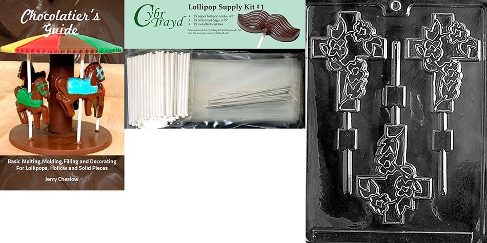 Cybrtrayd Fancy Cross Lolly Chocolate Candy Mold with 25 4.5-Inch Lollipop Sticks and Exclusive Cybrtrayd Copyrighted... N10
