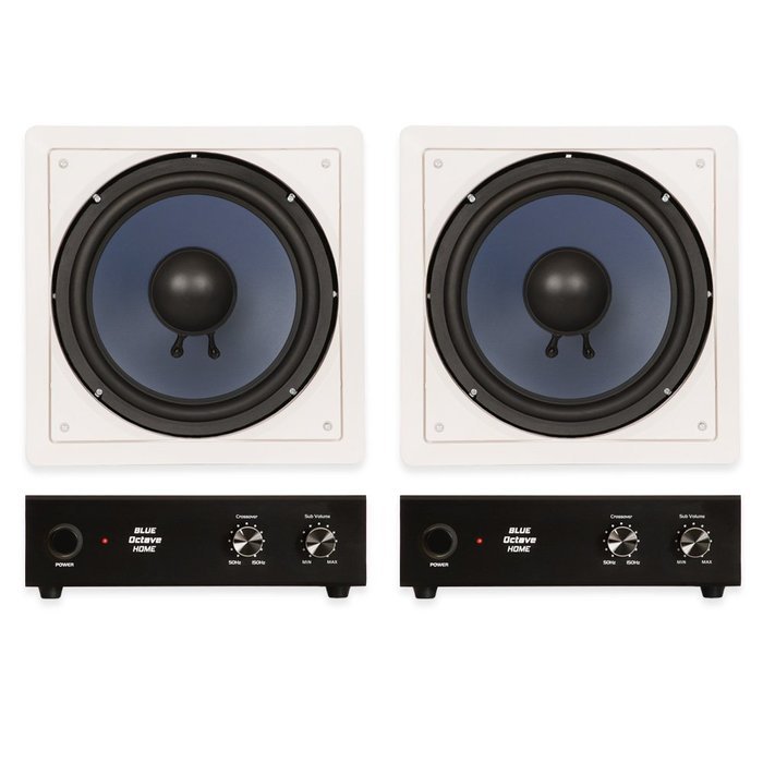 Blue Octave LW10 In Wall 10" Passive Subwoofer Speakers Home Theater 2 Sub and 2 Amp Set
