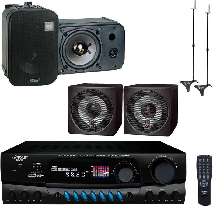 Pyle Stereo Receiver and Speaker Package - PT560AU 300 Watts Digital AM/FM/USB Stereo Receiver Amplifier - PCB3BK...