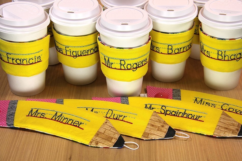 Pencil Shaped Coffee Cup Sleeve with Teacher's Name N2