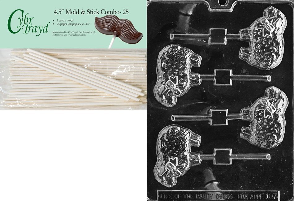 Cybrtrayd Country Lamb Lolly Easter Chocolate Candy Mold with 25 4.5-Inch Lollipop Sticks