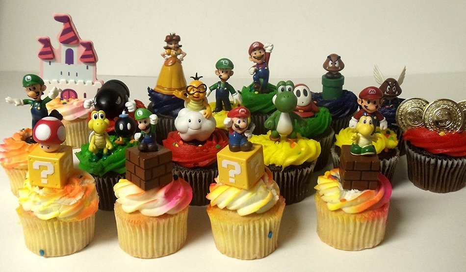 Super Mario Brothers 18 Piece Deluxe Birthday Cupcake Topper Set Featuring Shy, Mario, Goomba, Yoshi, Bomb, Luigi... N4