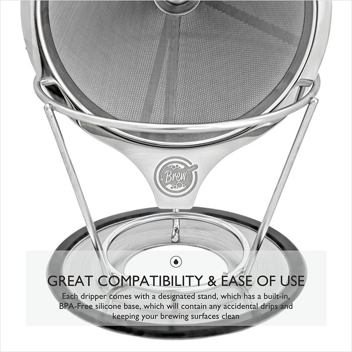 Pour Over Coffee Filter - BREW Permanent Reusable Stainless Steel 18/8 (304) double mesh Cone Coffee Dripper -... N4