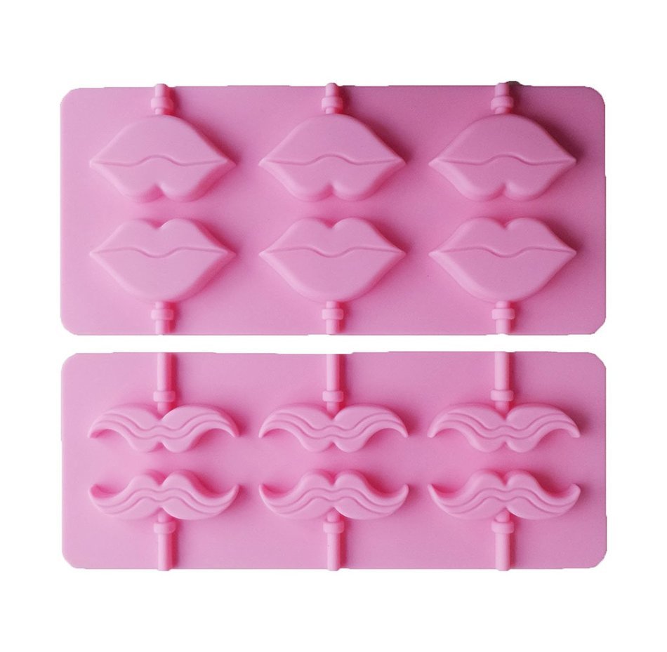 Yunko Beard and Red Lips Silicone Lollipop Candy Sugar Chocolate Mold With Sticks 2pcs /Set