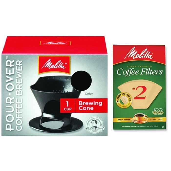 Melitta Pour Over Coffee Cone Brewer & #2 Filter Natural Brown Combo Set, Black N3
