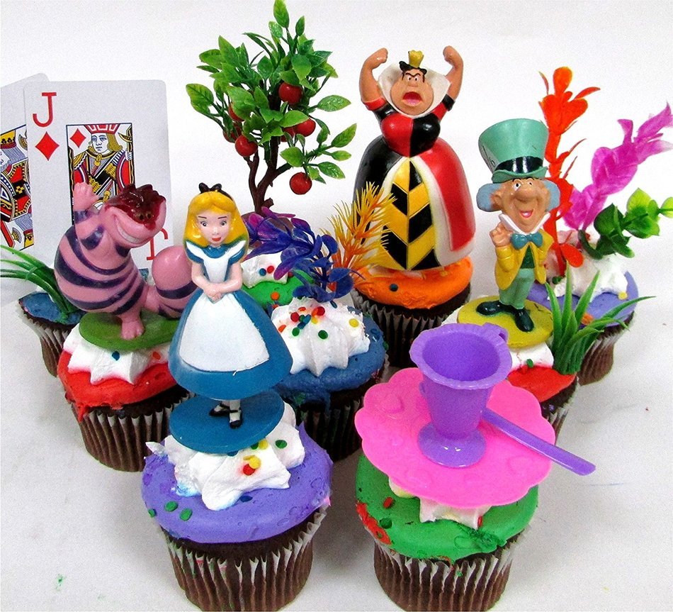 ALICE IN WONDERLAND 12 Piece Birthday CUPCAKE Topper Set Featuring Alice in Wonderland Figures and Decorative... N4