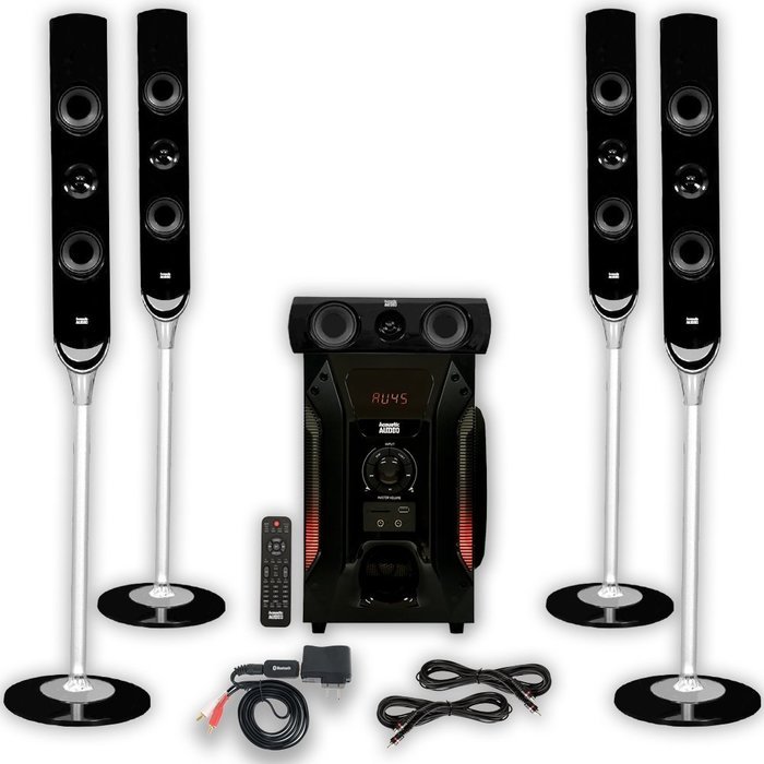 Acoustic Audio AAT1000 Tower 5.1 Home Speaker System with Bluetooth and 2 Extension Cables