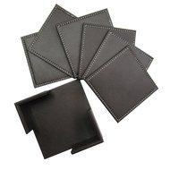 Square Lether Set of 6 Cup Coaster Mat with Coaster Holder Black/Brown (Black) N2