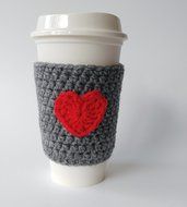 Coffee Sleeve, Coffee Cozy Grey with Red Heart Applique