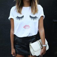 Lady&#039;s Blouse,Laimeng Eyelash Printing Summer Loose Tops Short Sleeve Blouse T Shirt (S, White) N3