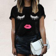Lady&#039;s Blouse,Laimeng Eyelash Printing Summer Loose Tops Short Sleeve Blouse T Shirt (S, White) N6