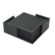 Square Lether Set of 6 Cup Coaster Mat with Coaster Holder Black/Brown (Black) N3
