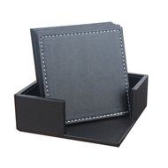 Square Lether Set of 6 Cup Coaster Mat with Coaster Holder Black/Brown (Black) N4