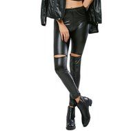 PHOTNO Black Women Stretchy PU Leather Trousers Skinny High Waist Leggings Pencil Pants N9
