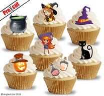 PRE-CUT HAPPY HALLOWEEN LITTLE WITCHES &amp; ACCESSORIES EDIBLE RICE / WAFER PAPER IMAGE CUPCAKE CAKE TOPPERS HALLOWEEN... N2