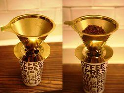 EXPERTO Titanium Coated Gold Pour Over Cone Dripper, Reusable Stainless Steel Coffee Filter with Cup Stand