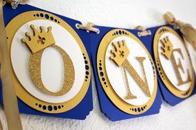 All About Details Royal Blue &amp; Gold Prince Theme One High Chair Banner N3