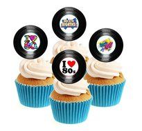 80&#039;s (Eighties) Party Vinyl Collection 12 Edible Stand up wafer paper cake toppers - UNCUT (5 - 10 BUSINESS DAYS...