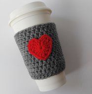 Coffee Sleeve, Coffee Cozy Grey with Red Heart Applique N3