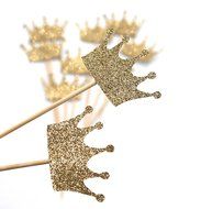 PuTwo 10 Counts Gold Glitter Crown Cupcake Toppers Birthday Party Cake Toppers Birthday Cake Decorations N2