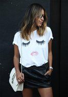 Lady's Blouse,Laimeng Eyelash Printing Summer Loose Tops Short Sleeve Blouse T Shirt (S, White) N9